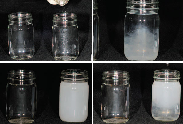 La botella a la izquierda (en cada foto) contiene agua destilada con cero dureza; la botella a la derecha contiene agua dura. Un material que imita al glifosato es añadido a ambas botellas de agua. Note que el agua a la izquierda permanece clara, indicando que el producto añadido está en solución. El agua a la derecha se ve turbia, indicando que el calcio se ha enlazado al imitador de glifosato.