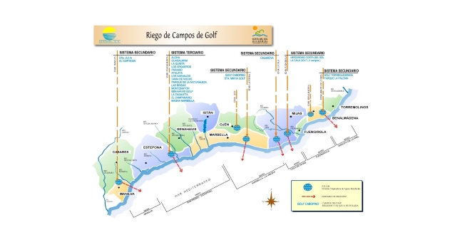 Un mapa provisto por Acosol que muestra los campos de golf a lo largo de la Costa del Sol que utilizan agua reciclada.